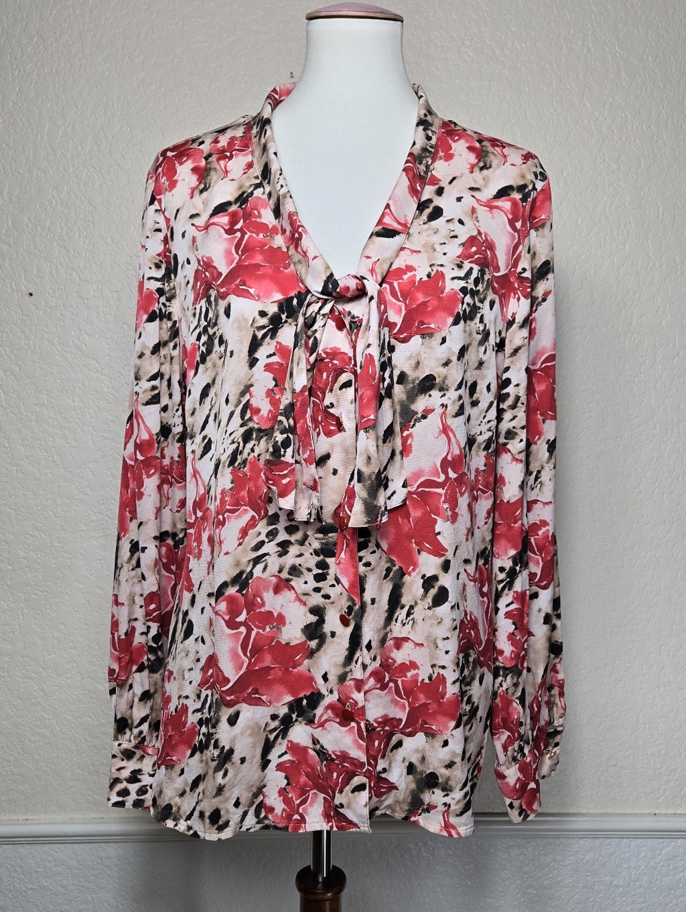 St. John Red Floral & Beige Animal-Print Tie-Neck Silk Blend Blouse, Size 14